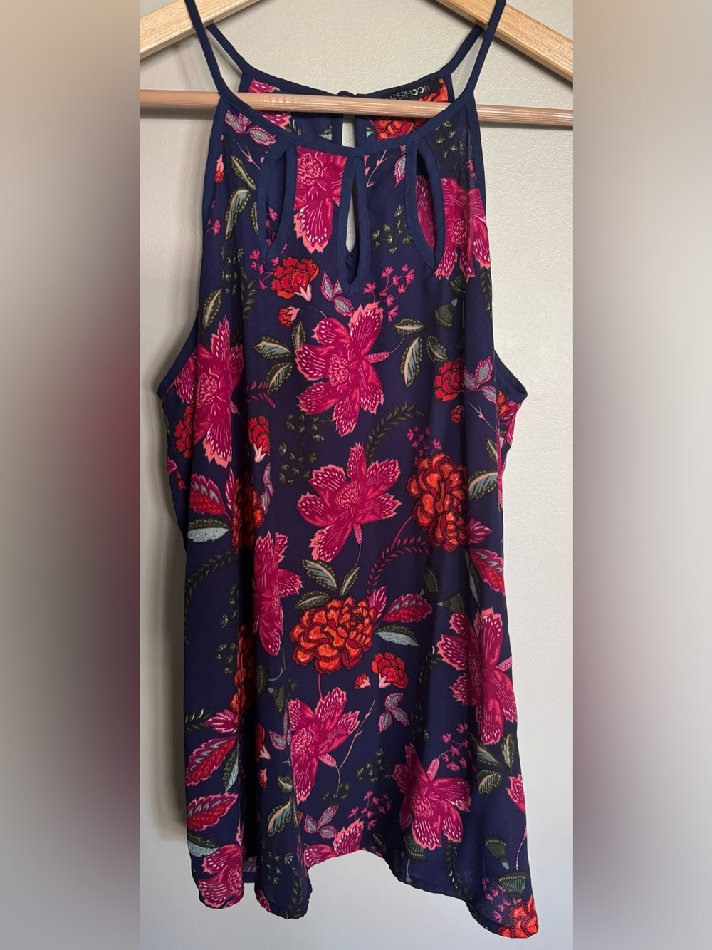 Papermoon Floral Keyhole Sleeveless Tank Top Navy Pink Medium Boho